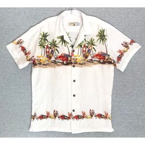 High Surf Button Up Shirt Mens Large White Tropical Woody Surfboard Camp Shirt